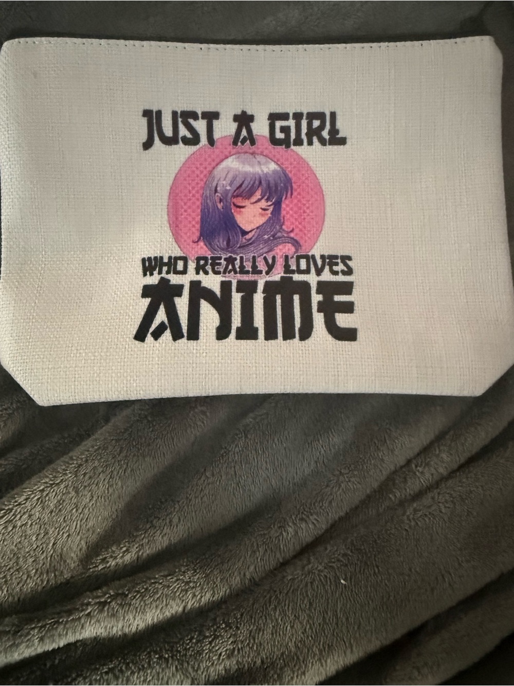 Anime-Themed Canvas Cosmetic Bag - White with Pink & Purple Accent